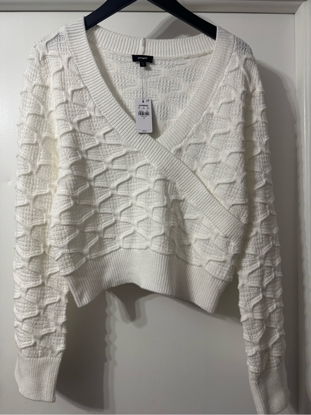 Express Cream Cable-Knit Wrap V-Neck Sweater